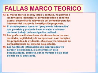 FALLAS MARCO TEORICO
13. El marco teórico es muy largo y confuso, no permite a
los revisores identificar el contenido básico en forma
exacta, determinar la relevancia del contenido para los
intereses del trabajo de investigación propuesta.
14. El estudio parece tomar un “paquete de información”
que ya existe y pretende hacer encajar a la fuerza
dentro el trabajo de investigación realizado.
15. Los gráficos e ilustraciones de otros autores carecen
de nitidez, legibilidad y de comprensión o no cumplen
los propósitos de evidencia, eficiencia y tendencias de
comportamiento del sistema bajo estudio.
16. Las fuentes de información son inapropiadas y/o
carecen de idoneidad, o la información está
desactualizada, obsoleta, con la mayoría de las citas
de más de 10 años atrás.

43

 