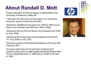 About Randall D. Mott
•Holds a Bachelor of Science degree in Mathematics from
University of Arkansas, Fatteyville.
• Has been the CIO of four of the largest U.S. companies
during his career of more than 30 years
•Worked for WalMart for 22 years from 1978 to 1994 and as
Senior Vice President and CIO from 1994 to 2000
•Worked at Dell as CIO and Senior Vice President from 2000
to June, 2005
•Worked at HP as Executive Vice President and CIO from
11th July, 2005 to June, 2011
•Working currently at GM (General Motors) as CIO since 28th
February, 2012
•Is known particularly for his penchant of delivering IT
projects quickly and on a tight budget (InformationWeek titled
him as “Speed Merchant” in 1996 and as “Chief of the Year”
in 1997)

 