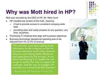 Why was Mott hired in HP?
Mott was recruited by the CEO of HP, Mr. Mark Hurd

HP needed one version of the truth, meaning

it had to provide access to consistent company-wide
data

providing clear and ready answers to any question, any
time, anywhere.

Prioritizing IT initiatives that align with business objectives

Business technology operational spending was to be
reduced from 4% to 2% of revenue

 