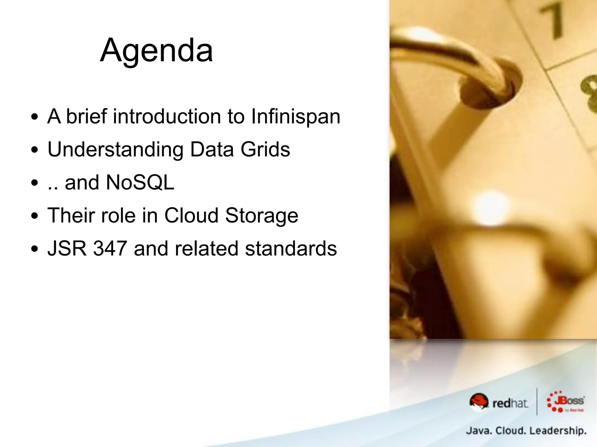 Agenda
•   A brief introduction to Infinispan
•   Understanding Data Grids
•   .. and NoSQL
•   Their role in Cloud Storage
•   JSR 347 and related standards
 