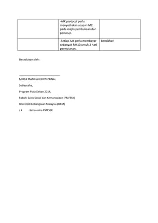 -AJK protocol perlu
menyediakan ucapan MC
pada majlis pembukaan dan
penutup.
-Setiap AJK perlu membayar
sebanyak RM10 untuk 2 hari
permaianan.
Bendahari
Desediakan oleh :
MIRZA MADIHAH BINTI ZAINAL
Setiausaha,
Program Piala Dekan 2014,
Fakulti Sains Sosial dan Kemanusiaan (PMFSSK)
Universiti Kebangsaan Malaysia (UKM)
s.k -Setiausaha PMFSSK
 