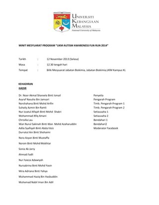 MINIT MESYUARAT PROGRAM “UKM AUTISM AWARENESS FUN RUN 2014”
Tarikh : 12 November 2013 (Selasa)
Masa : 12.30 tengah hari
Tempat : Bilik Mesyuarat Jabatan Biokimia, Jabatan Biokimia,UKM Kampus KL
KEHADIRAN
HADIR
Dr. Noor Akmal Shareela Binti Ismail Penyelia
Asyraf Nasuha Bin Jamsari Pengarah Program
Norshahana Binti Mohd Arifin Timb. Pengarah Program 1
Suhaily Azmin Bin Ramli Timb. Pengarah Program 2
Nur Izzatul Afiqah Binti Mohd Shakri Setiausaha 1
Mohammad Afiq Amani Setiausaha 2
Chrisilla Lau Bendahari 1
Wan Nurul Sakinah Binti Wan Mohd Azaharuddin Bendahari2
Adila Syafiqah Binti Abdul Aziz Moderator Facebook
Durratul Ain Binti Shohaimi
Nora Azyan Binti Mustaffa
Norain Binti Mohd Mokhtar
Sonia Ak Jarry
Ahmad Fadli
Nur Faieza Adawiyah
Nursabrina Binti Mohd Yasin
Mira Adriana Binti Yahya
Muhammad Haziq Bin Hasbuddin
Muhamad Nabil Iman Bin Adil
 