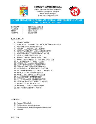KOMUNITI SUMBER TERBUKA
Fakulti Teknologi dan Sains Maklumat,
Universiti Kebangsaan Malaysia,
43650 Bangi, Selangor.
E-mel : kst.ukm@gmail.com
MINIT MESYUARAT PROGRAM NUMOSS STRATEGIC PLANNING
AND TEAM BUILDING 2014
P1/121214
RUJUKAN : PERTEMUAN KE-2
TARIKH : 12 DISEMBER 2014
MASA : 11.00 PAGI
TEMPAT : BK 6 FTSM
KEHADIRAN:
1. ABBAS SALIMI
2. WAN MUHAMMAD AMSYAR WAN MOHD AZMAN
3. MOHD HASHRAF BIN OMAR
4. MIRDA MARIQ BT AKBARUDIN
5. SUMAYYAH BINTI MOHAMED REHAN
6. MASYITAH BTE MUHAMMAD NASIR
7. NUR AISHAH BINTI ABASA
8. MARNI FARIZA BINTI MOHD FAUZI
9. NOR FATIN NABILA BT MOHD HANAFIAH
10. NABIHAH BINTI MOHD NAZRI
11. NORFAZILAH BINTI ABD HALIM
12. AHMAD SAIFULLAH BIN ISMAIL
13. NURADILAH BINTI ABDUL GAFFAR
14. FATIMAH KHAIRUNISA BINTI BAMBANG
15. NURUL IFFAH BINTI ROSLAN
16. NUR'AMIRA BINTI AMINULLAH
17. RASHIDAH BT JAMALUDDIN
18. FATIN SYAMIMI BINTI HAMZAH
19. NUR AMIRAH MAZNI BINTI JOHAR
20. NURHAFIZAH BT HUSAINI
21. NURAFIDAH BINTI ABD RAZIK
22. SITI RAHIMAH BINTI ROSDI
AGENDA:
1. Bacaan Al-Fatihah.
2. Perbincangan tentatif program.
3. Pemberitahuan perkembangan setiap tugasan.
4. Bersurai.
 