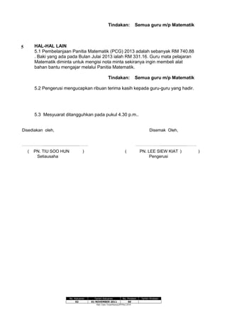Tindakan: Semua guru m/p Matematik
HAL-HAL LAIN
5.1 Pembelanjaan Panitia Matematik (PCG) 2013 adalah sebanyak RM 740.88
. Baki yang ada pada Bulan Julai 2013 ialah RM 331.16. Guru mata pelajaran
Matematik diminta untuk mengisi nota minta sekiranya ingin membeli alat
bahan bantu mengajar melalui Panitia Matematik.
Tindakan: Semua guru m/p Matematik
5.2 Pengerusi mengucapkan ribuan terima kasih kepada guru-guru yang hadir.
5.3 Mesyuarat ditangguhkan pada pukul 4.30 p.m..
Disediakan oleh, Disemak Oleh,
…………………..........................................……… ……………………...............................……….
( PN. TIU SOO HUN ) （ PN. LEE SIEW KIAT） )
Setiausaha Pengerusi
No. Keluaran Tarikh Keluaran No. Pindaan Tarikh Pindaan
02 01 NOVEMBER 2011 00
Hak Cipta Terpelihara@JPNSel.2010
5
 