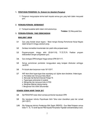 2
1. PERUTUSAN PENGERUSI: En. Shaharin bin Abdullah (Pengetua)
1.1 Pengerusi mengucapkan terima kasih kepada semua guru yang hadir dalam mesyuarat
guru.
2. PERKARA-PERKARA BERBANGKIT
2.1 Terdapat kesalahan tarikh dalam minit sebelumnya.
Tindakan: SU Mesyuarat Guru
3. PERKARA-PERKARA YANG DIBINCANGKAN
MAKLUMAT UMUM
3.1 Guru yang hendak keluar negera – Mesti mengisi Borang Permohonan Keluar Negara
dalam tempoh 5 minggu sebelum pergi.
3.2 Sentiasa memastikan keselamatan dan patuhi etika penjawat awam.
3.3 Program-program minggu akhir (20-24/11/16). T1,T2,T3,T4. Pastikan program
dilaksanakan dengan pengawasan guru.
3.4. Guru bertugas SPM bertugas hingga selesai SPM 30/11/17.
3.5 Semua permohonan pembelian menggunakan wang kerajaan dibekukan sehingga
Jan/2018.
3.6 Pn Azizah akan berpencen mulai 19/11/2017.
3.7 AKP akan diberi tugas-tugas khas sepanjang cuti. Agihan akan diedarkan. Antara tugas:
a. Percetakan dan menyusun Buku Iltizam
b. Mencetak Sijil Berhenti Sekolah Pelajar T5
c. Tugas-tugas perkeranian di pejabat
d. Mengemas dan menyusun buku di PSS
e. Menghias Makmal masing-masing
f. Mengemas Fail di Bilik Dokumentasi
SENARAI SEMAK AKHIR TAHUN 2017
3.8 Sijil PEKA/PAFA akan diberi semasa pemberian keputusan SPM
3.9 Slip keputusan individu Peperiksaan Akhir Tahun akan diserahkan pada hari Jumaat
(24/11/2017)
3.10 Slip Pelaporan Individu Pentaksiran Bilik Darjah (PBD/PS) - Guru Mata Pelajaran semua
kelas T1, T2, T3 serah laporan PBD kepada Penyelaras Tingkatan selewat-lewatnya esok.
 