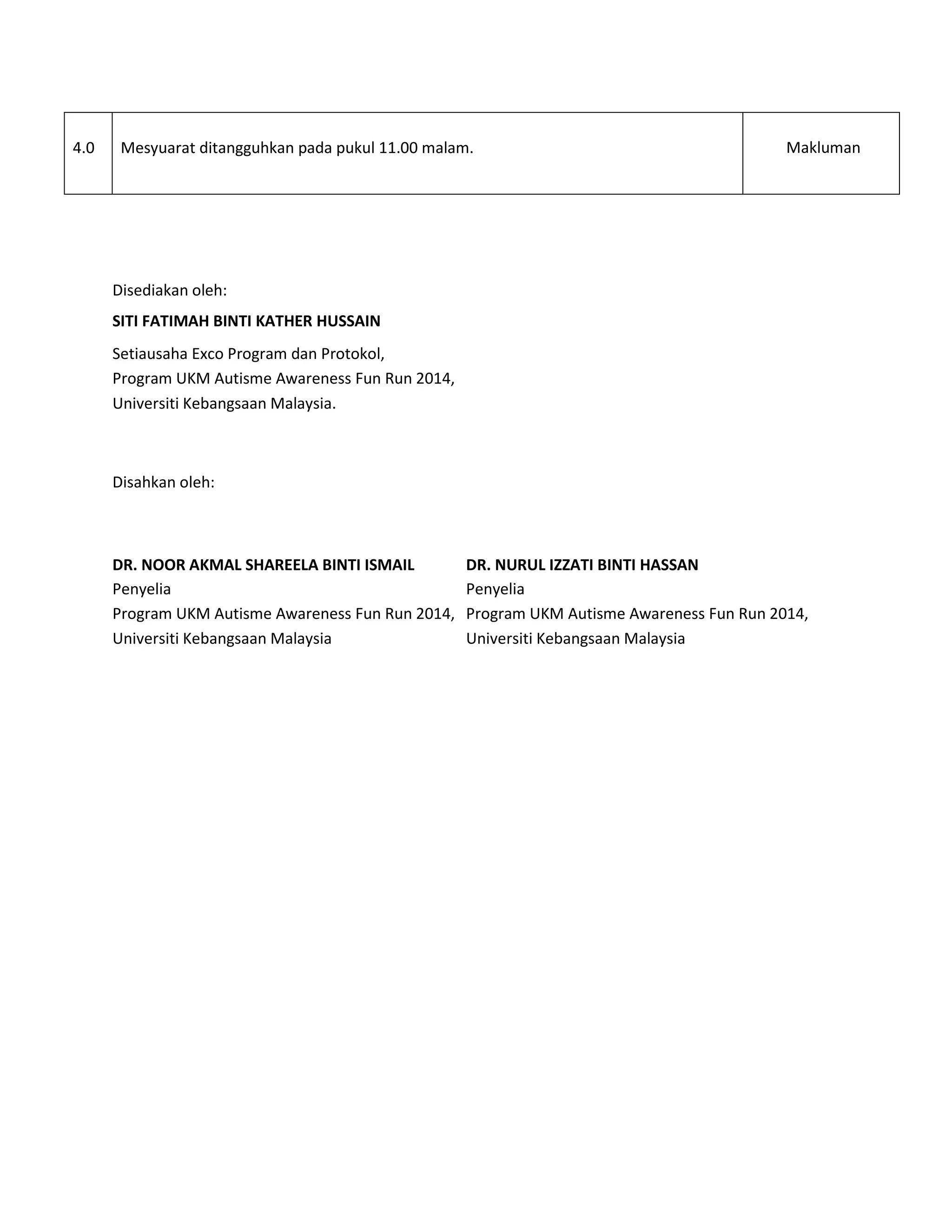 4.0 Mesyuarat ditangguhkan pada pukul 11.00 malam. Makluman
Disediakan oleh:
SITI FATIMAH BINTI KATHER HUSSAIN
Setiausaha Exco Program dan Protokol,
Program UKM Autisme Awareness Fun Run 2014,
Universiti Kebangsaan Malaysia.
Disahkan oleh:
DR. NOOR AKMAL SHAREELA BINTI ISMAIL DR. NURUL IZZATI BINTI HASSAN
Penyelia Penyelia
Program UKM Autisme Awareness Fun Run 2014, Program UKM Autisme Awareness Fun Run 2014,
Universiti Kebangsaan Malaysia Universiti Kebangsaan Malaysia
 