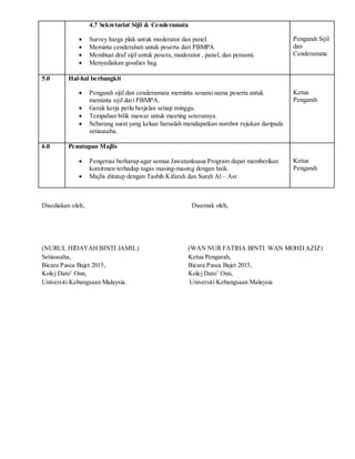 4.7 Sekretariat Sijil & Cenderamata
 Survey harga plak untuk moderator dan panel.
 Meminta cenderahati untuk peserta dari PBMPA
 Membuat draf sijil untuk pesera, moderator , panel, dan perasmi.
 Menyediakan goodies bag.
Pengarah Sijil
dan
Cenderamata
5.0 Hal-hal berbangkit
 Pengarah sijil dan cenderamata meminta senarai nama peserta untuk
meminta sijil dari PBMPA.
 Gerak kerja perlu berjalan setiap minggu.
 Tempahan bilik mawar untuk meeting seterusnya.
 Sebarang surat yang keluar haruslah mendapatkan nombor rujukan daripada
setiausaha.
Ketua
Pengarah
6.0 Penutupan Majlis
 Pengerusi berharap agar semua Jawatankuasa Program dapat memberikan
komitmen terhadap tugas masing-masing dengan baik.
 Majlis ditutup dengan Tasbih Kifarah dan Surah Al – Asr.
Ketua
Pengarah
Disediakan oleh, Disemak oleh,
(NURUL HIDAYAH BINTI JAMIL) (WAN NUR FATIHA BINTI WAN MOHD AZIZ)
Setiausaha, Ketua Pengarah,
Bicara Pasca Bajet 2015, Bicara Pasca Bajet 2015,
Kolej Dato’ Onn, Kolej Dato’ Onn,
Universiti Kebangsaan Malaysia. Universiti Kebangsaan Malaysia
 