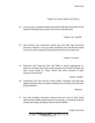 SPSK PK 07/3
`Tindakan: Guru Kelas Tingkatan 1 dan Tahun 1
5.3 Guru-guru yang memegang fail dalam jawatankuasa HEM boleh menyerahkan fail-fail
kepada Unit HEM bagi tujuan semakan dan kemaskini maklumat terkini.
Tindakan : AJK – AJK HEM
5.4 Pihak kesihatan akan menjalankan suntikan payu dara (HPV) bagi murid-murid
perempuan Tingkatan 1. Guru-guru boleh mendapatkan atau memaklumkan kepada
murid-murid untuk mendapatkan buku Rekod Kesihatan Murid dari sekolah asal.
Tindakan : Guru Kelas
5.5 Pengurusan Skim Pengurusan Buku Teks (SPBT) di bawah tanggungjawab En.
Khairuman bin Sahlan bagi sekolah rendah manakala untuk sekolah menengah pula
boleh merujuk kepada En. Tulipan. AJK-AJK SPBT pohon membantu di dalam
pengurusan stok buku teks.
Tindakan : AJK SPBT
5.6 Jawatankuasa Aset akan distruktur semula dengan menjelaskan lagi tugas-tugas
pegawai aset,laporan-laporan yang perlu disediakan dan perlantikan baru berdasarkan
gred perkhidmatan.
Makluman
5.7 Guru Data hendaklah memastikan maklumat keturunan murid di dalam Sistem
Maklumat Murid (SMM) sebagai Orang Asli Semenanjung. Ini memastikan maklumat
tersebut selari dengan data bagi permohonan bantuan KWAMP.
Tindakan: Guru Data
No. Keluaran Tarikh Keluaran No. Pindaan Tarikh Pindaan
02 01 NOVEMBER 2011 00
Hak Cipta Terpelihara@JPNSel.2010
 