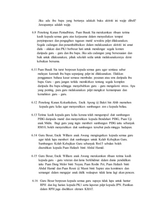 Jika ada ibu bapa yang bertanya adakah buku aktiviti ini wajip dibeli?
Jawapannya adalah wajip.
6.8 Penolong Kanan Pentadbiran, Puan Busak Sia merakamkan ribuan terima
kasih kepada semua guru atas kerjasama dalam menyediakan tempat
penyimpanan dan pengagihan tugasan murid sewaktu pdpr dilaksanakan.
Segala cadangan dan penambahbaikan dalam melaksanakan aktiviti ini amat
dialu – alukan dan PK1 berbesar hati untuk mendengar segala komen
daripada guru – guru dan ibu bapa. Jika ada cadangan yang bersesuaian dan
baik untuk dilaksanakan, pihak sekolah sedia untuk melaksanakannya demi
kebaikan bersama.
6.11 Puan Busak Sia turut berpesan kepada semua guru agar sentiasa sabar
melayan karenah ibu bapa sepanjang pdpr ini dilaksanakan. Elakkan
penggunaan bahasa kasar semasa membalas pesanan atau sms daripada ibu
bapa. Guru – guru jangan terlalu memikirkan tentang segala komplen
daripada ibu bapa sehingga menyebabkan guru – guru mengalami stress. Apa
yang penting, para guru melaksanakan pdpr mengikut kemampuan dan
kemahiran guru – guru.
6.12 Penolong Kanan Kokurikulum, Encik Apong @ Bakri bin Abib memohon
kepada guru kelas agar menyerahkan sumbangan zon c kepada beliau.
6.13 Terima kasih kepada guru kelas kerana telah mengumpul duit sumbangan
PIBG daripada murid dan menyerahkan kepada Bendahari PIBG, Puan Uji
anak Midin. Bagi guru yang ingin memberi sumbangan PIBG iaitu sebanyak
RM10, boleh menyerahkan duit sumbangan tersebut pada minggu hadapan.
6.14 Guru Besar, Encik William anak Awang mengingatkan kepada semua guru
agar tidak lupa memberi duit sumbangan untuk Kelab Kebajikan Guru.
Sumbangan Kelab Kebajikan Guru sebanyak Rm15 sebulan boleh
diserahkan kepada Puan Halizah binti Abdul Hamid.
6.15 Guru Besar, Encik William anak Awang merakamkan ribuan terima kasih
kepada guru – guru veteran dan lama berkhidmat dalam dunia pendidikan
iaitu Puan Dang Melor binti Nayan, Puan Roslin Pet, Puan Halizah binti
Abdul Hamid dan Puan Rosni @ Masni binti Sapiee atas komitmen dan
semangat dalam mengajar anak didik walaupun tidak lama lagi akan pencen.
6.16 Guru Besar berpesan kepada semua guru supaya tidak lupa untuk hantar
RPH dan log harian kepada PK1 serta laporan pdpr kepada JPN. Pastikan
dalam RPH juga diselitkan elemen KBAT.
 