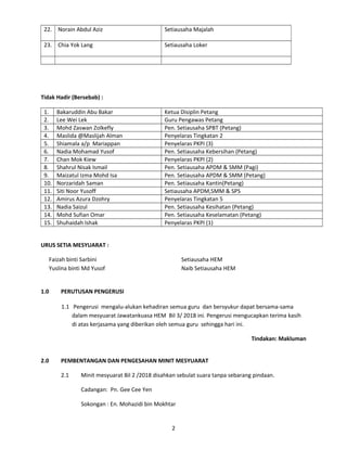 22. Norain Abdul Aziz Setiausaha Majalah
23. Chia Yok Lang Setiausaha Loker
Tidak Hadir (Bersebab) :
1. Bakaruddin Abu Bakar Ketua Disiplin Petang
2. Lee Wei Lek Guru Pengawas Petang
3. Mohd Zaswan Zolkefly Pen. Setiausaha SPBT (Petang)
4. Maslida @Maslijah Alman Penyelaras Tingkatan 2
5. Shiamala a/p Mariappan Penyelaras PKPI (3)
6. Nadia Mohamad Yusof Pen. Setiausaha Kebersihan (Petang)
7. Chan Mok Kiew Penyelaras PKPI (2)
8. Shahrul Nisak Ismail Pen. Setiausaha APDM & SMM (Pagi)
9. Maizatul Izma Mohd Isa Pen. Setiausaha APDM & SMM (Petang)
10. Norzaridah Saman Pen. Setiausaha Kantin(Petang)
11. Siti Noor Yusoff Setiausaha APDM,SMM & SPS
12. Amirus Azura Dzohry Penyelaras Tingkatan 5
13. Nadia Saizul Pen. Setiausaha Kesihatan (Petang)
14. Mohd Sufian Omar Pen. Setiausaha Keselamatan (Petang)
15. Shuhaidah Ishak Penyelaras PKPI (1)
URUS SETIA MESYUARAT :
Faizah binti Sarbini Setiausaha HEM
Yuslina binti Md Yusof Naib Setiausaha HEM
1.0 PERUTUSAN PENGERUSI
1.1 Pengerusi mengalu-alukan kehadiran semua guru dan bersyukur dapat bersama-sama
dalam mesyuarat Jawatankuasa HEM Bil 3/ 2018 ini. Pengerusi mengucapkan terima kasih
di atas kerjasama yang diberikan oleh semua guru sehingga hari ini.
Tindakan: Makluman
2.0 PEMBENTANGAN DAN PENGESAHAN MINIT MESYUARAT
2.1 Minit mesyuarat Bil 2 /2018 disahkan sebulat suara tanpa sebarang pindaan.
Cadangan: Pn. Gee Cee Yen
Sokongan : En. Mohazidi bin Mokhtar
2
 