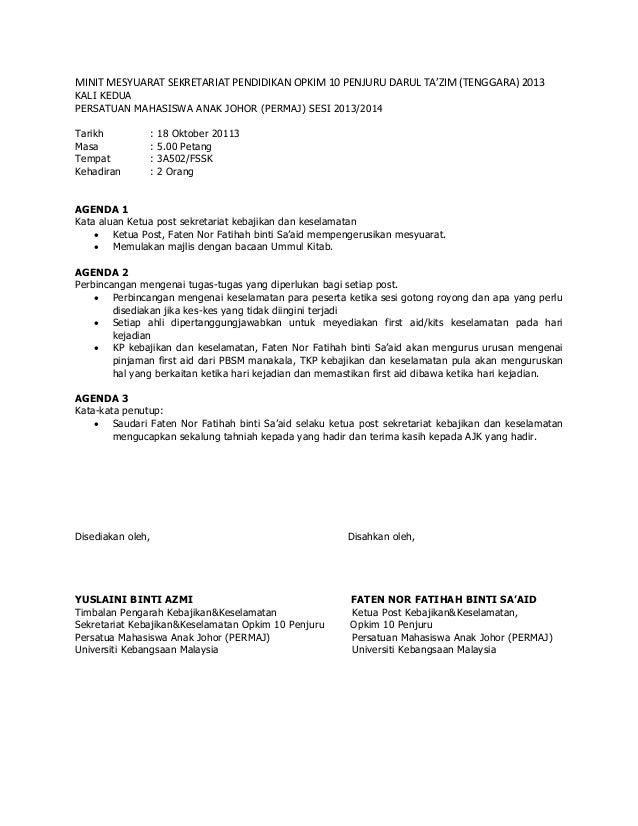 Minit Mesyuarat Kedua Ajk Kebajikan Keselamatan