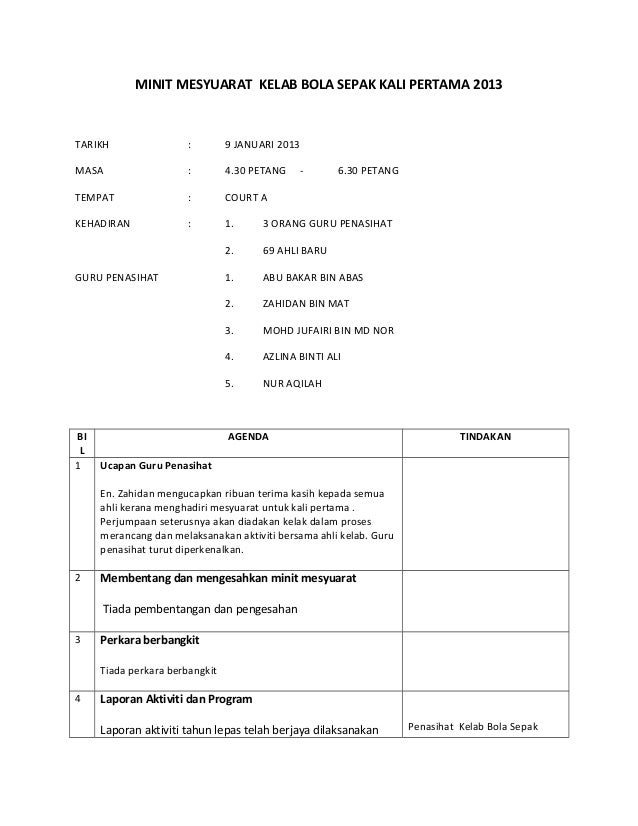MINIT MESYUARAT KELAB BOLA SEPAK KALI PERTAMA 2013TARIKH : 9 JANUARI ...