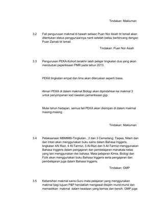 Tindakan: Makluman



3.2   Fail pengurusan makmal di bawah seliaan Puan Nor Asiah bt Ismail akan
      ditentukan status penggunaannya nanti setelah beliau berbincang dengan
      Puan Zainab bt Ismail.

                                                 Tindakan: Puan Nor Asiah



3.3   Pengurusan PEKA-Kohort terakhir ialah pelajar tingkatan dua yang akan
      menduduki peperiksaan PMR pada tahun 2013.



      PEKA tingkatan empat dan lima akan diteruskan seperti biasa.



      Almari PEKA di dalam makmal Biologi akan dipindahkan ke makmal 3
      untuk penyimpanan kad rawatan pemeriksaan gigi.



      Mulai tahun hadapan, semua fail PEKA akan disimpan di dalam makmal
      masing-masing.



                                                        Tindakan: Makluman



3.4   Pelaksanaan MBMMBI-Tingkatan , 2 dan 3 Cemerlang, Taqwa, Nilam dan
      dan Intan akan menggunakan buku sains dalam Bahasa Inggeris,
      tingkatan 4Al Razi, 4 At-Tarmizi, 5 Al-Razi dan 5 At-Tarmizi menggunakan
      Bahasa Inggeris dalam pengajaran dan pembelajaran manakala kelas
      yang lain menggunakan dwi bahasa. Mata pelajaran Kimia, Biologi dan
      Fizik akan menggunakan buku Bahasa Inggeris serta pengajaran dan
      pembelajaran juga dalam Bahasa Inggeris.

                                                        Tindakan: GMP



3.5   Kebersihan makmal sains-Guru mata pelajaran yang menggunakan
      makmal bagi tujuan P&P hendaklah mengawal disiplin murid-murid dan
      memastikan makmal dalam keadaan yang kemas dan bersih. GMP juga
 