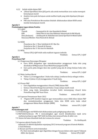 4.2.2 Istilah-istilah dalam P&P
• -JAdual Spesifikasi Item (JSI) perlu ada untuk memastikan aras soalan menepati
kemampuan murid
• Analisis item pula bertujuan untuk melihat topik yang telah dipelajari/dicapai
murid
• PBS atau Pentaksiran Berasaskan Sekolah: dilaksanakan dalam KSSR untuk
menilai kemampuan murid.
Agenda 5
Pembahagian tugas dalam Panitia
5.1 j-QAF:
Tasmik : Sumaiyah bt Ali dan Hamidah bt Mohd
KBS : Nabil Fikri b Aziz dan RAbiatul Adawwiyah bt Md Khatib
Data (bulanan) : Ainilhayath bt Abdullah dan Zainul Qarihah bt Mohd Salleh
Data Jun/Oktober: Hani Nasirah bt Ahmad
5.2 KSSR
Penyelaras thn 1: Wan Solehhah bt W. Mat Zin
Penyelaras thn 2: Hasnah bt Hassan
Penyelaras thn 3: Siti Asni bt Abdullah
5.3 MTQ
-Semua GPI/j-QAF telah sedia maklum tugasan individu
Tindakan: Semua GPI / j-QAF
Agenda 6
Penyeliaan P&P
6.1 Pengurusan Rancangan Mengajar
• Guru KSSR diingatkan agar memaksimumkan penggunaan buku teks yang
disediakan KPM(pesanan Ustaz Mohd Rozi/pegawai JPN)
• Guru perlu peka dengan ikon dan symbol yang ada di setiap helaian buku teks
KSSR.
Tindakan: semua GPI / j-QAF
6.2 Buku Latihan Murid
• Tahun 1,2,3 menggunakan 1 buku tulis sahaja, Lembaran kerja sebagai eviden.
• Tahap 2 (tahun 4,5,6) menggunakan 4 buah buku.
Tindakan: semua GPI / j-QAF
6.3 Proses P&P
o Guru digalakkan menggunakan i-Board (TMK) dalam P&P.
o Semua i-Board berfungsi kecuali kelas 2 maju sahaja masih rosak
o Kelas yang tiada kemudahan tersebut boleh menumpang i-board kelas
Pemulihan bagi P&P Asas Ulum.
Tindakan: semua GPI / j-QAF
6.4 Laporan Pemantauan Nazir 2012
• -Pegawai JPN memberi teguran agar memasukkan unsur didik hibur dalam P&P
dan memaksimumkan penggunaan buku teks KSSR serta tiada rekod
penggunaan Bahan Bantu Belajar (BBM)
Tindakan: semua GPI / j-QAF
Agenda 7
Perkembangan staf
7.1 Perkembangan staf KSSR telah dilaksanakan pada pebghujung tahun lalu.
7.2 P&P lebih berkesan: PK 1 mencadangkan agar murid dimaklumkan tajuk serta
matlamat pelajaran agar P&P lebih berfokus dan menyoal balas di akhir sesi.
7.3 Sistem fail akan ditambah baik dari semasa ke semasa
Tindakan: Pn. Ainilhayath
7.4 Laporan aktiviti Panitia 2012
-sebanyak 16 aktiviti dijalankan sepanjang 2012 termasuk program di bawah Makdis:
1.Yasin Bulanan
2. Bacaan ayat Kursi serta terjemahan
-Pn. Hani mencadangkan agar digantikan dengan bacaan dalam solat seperti Tahiyyat
AKhir dan Qunut. Tindakan: Semua GPI/j-QAF
 