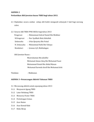 AGENDA 2
Perlantikan Ahli Jawatan kuasa TKRS bagi tahun 2013.
2.1 Dijalankan secara undian setiap ahli boleh mengundi sebanyak 3 kali bagi seorang
calon.
2.2 Senarai AJK TKRS PPKI SKSSn bagi tahun 2013
Pengerusi : Muhammad Ashraf Daniel Bin Mokhtar
N.Pengerusi : Nur Syafikah Binti Abdullah
Setiausaha : Irfan Qusyairy Bin Feizal
N. Setiausaha : Muhammad Hafiz Bin Yahaya
Bendahari : Jewaan A/L Mathialagan
Ahli Jawatan Kuasa :
Musirulzaman Bin Jahaffar
Mohamad Aiman Ateq Bin Mohamad Fauzi
Muhammad Daniel Bin Abdul Manan
Mohamad Darwish Airell Bin Mohamad Arbi
Tindakan : Makluman
AGENDA 3 –Perancangan Aktiviti Tahunan TKRS
3.1 Merancang aktiviti untuk sepanjang tahun 2013
3.1.1 Mesyuarat Agung TKRS
3.1.2 Latar Belakang TKRS
3.1.3 Mewarna Poster TKRS
3.1.4 Pertolongan Cemas
3.1.5 Asas Ikatan
3.1.6 Asas Kawad Kaki
3.1.7 Buku Skrap
 