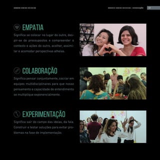 ESCOLA DESIGN THINKING 13TOOLKIT DESIGN THINKING | INTRODUÇÃO
EMPATIA
Significa se colocar no lugar do outro, des-
pir-se de pressupostos e compreender o
contexto e ações do outro, acolher, assimi-
lar e acomodar perspectivas alheias.
COLABORAÇÃO
Significa pensar conjuntamente, cocriar em
equipes multidisciplinares para que nosso
pensamento e capacidade de entendimento
se multiplique exponencialmente.
EXPERIMENTAÇÃO
Significa sair do campo das ideias, da fala.
Construir e testar soluções para evitar pro-
blemas na fase de implementação.
 