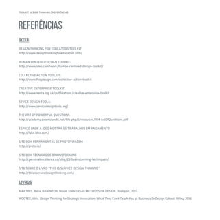 TOOLKIT DESIGN THINKING | REFERÊNCIAS
REFERÊNCIAS
SITES
DESIGN THINKING FOR EDUCATORS TOOLKIT:
http://www.designthinkingforeducators.com/
HUMAN CENTERED DESIGN TOOLKIT:
http://www.ideo.com/work/human-centered-design-toolkit/
COLLECTIVE ACTION TOOLKIT:
http://www.frogdesign.com/collective-action-toolkit
CREATIVE ENTERPRISE TOOLKIT:
http://www.nesta.org.uk/publications/creative-enterprise-toolkit
SEVICE DESIGN TOOLS:
http://www.servicedesigntools.org/
THE ART OF POWERFUL QUESTIONS
http://academy.extensiondlc.net/file.php/1/resources/RM-ArtOfQuestions.pdf
ESPAÇO ONDE A IDEO MOSTRA OS TRABALHOS EM ANDAMENTO
http://labs.ideo.com/
SITE COM FERRAMENTAS DE PROTOTIPAGEM
http://proto.io/
SITE COM TÉCNICAS DE BRAINSTORMING
http://personalexcellence.co/blog/25-brainstorming-techniques/
SITE SOBRE O LIVRO “THIS IS SERVICE DESIGN THINKING”
http://thisisservicedesignthinking.com/
LIVROS
MARTINS, Bella; HANINTON, Bruce. UNIVERSAL METHODS OF DESIGN. Rockport, 2012.
MOOTEE, Idris. Design Thinking for Strategic Innovation: What They Can’t Teach You at Business Or Design School. Wiley, 2013.
 