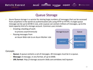 • Azure Queue storage is a service for storing large numbers of messages that can be accessed
from anywhere in the world via authenticated calls using HTTP or HTTPS. A single queue
message can be up to 64 KB in size, and a queue can contain millions of messages, up to the
total capacity limit of a storage account. Common uses include :
– Creating a backlog of work
to process asynchronously
– Passing messages from
an Azure Web role to an Azure Worker role
Concepts
– Queue: A queue contains a set of messages. All messages must be in a queue.
– Message: A message, in any format, of up to 64KB.
– URL format: http://<storage account>.blob.core.windows.net/<queue>
10
Queue Storage
 