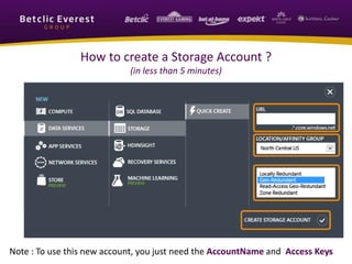 4
How to create a Storage Account ?
(in less than 5 minutes)
Note : To use this new account, you just need the AccountName and Access Keys
 