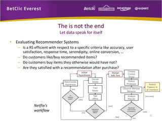 • Evaluating Recommender Systems 
– Is a RS efficient with respect to a specific criteria like accuracy, user 
satisfaction, response time, serendipity, online conversion, … 
– Do customers like/buy recommended items? 
– Do customers buy items they otherwise would have not? 
– Are they satisfied with a recommendation after purchase? 
21 
The is not the end 
Let data speak for itself 
Netflix’s 
workflow 
 