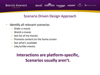Scenario Driven Design Approach
• Identify all relevant scenarios
– Order a movie
– Watch a movie
– See list of my movies
– Promote content on the home screen
– See what’s available
– Like/unlike movies
Interactions are platform-specific,
Scenarios usually aren’t.
 