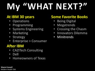 My “WHAT NEXT?”
       At IBM 30 years                Some Favorite Books
         •    Operations               •   Being Digital
         •    Programming              •   Megatrends
         •    Systems Engineering      •   Crossing the Chasm
         •    Marketing                •   Innovators Dilemma
         •    Strategy                 •   Minitrends
         •    Enterprise > Consumer
       After IBM
         • CAZITech Consulting
         • Dell
         • Homeowners of Texas

Wayne Caswell
Modern Health Talk
 