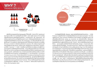 WHY ?
TRENDSCOPE 2015-16
ผู้คนไม่สามารถถูกแบ่งด้วย Demographic ได้อีกต่อไป : มีคนกล่าวไว้ว่า กลยุทธ์แบรนด์
และการออกแบบที่ดีมาจากการเข้าใจผู้บริโภคอย่างลึกซึ้ง องค์ความรู้ในการพยายามทำความเข้าใจผู้
บริโภคที่เป็นกลุ่มเป้าหมายจึงเกิดข้ึนอย่างแพร่หลาย “การแบ่งส่วนตลาด หรือ Segmentation” คือ
หนึ่งในความพยายามทำความเข้าใจผู้บริโภคของนักการตลาด ซึ่งในปัจจุบันเป็นที่แน่ชัดแล้วว่าการแบ่ง
กลุ่มผู้บริโภคด้วยหลักสถิติประชากรศาสตร์ หรือ Demographic นั้น ไม่เป็นประโยชน์อีกต่อไป เพราะ
ผู้คนที่อายุเท่าๆ กัน เพศเดียวกัน หรือมีอาชีพเหมือนกันนั้น ไม่ได้เป็นหลักประกันอีกแล้วว่าเขาจะมีวิธีคิด
มีความชอบ ความต้องการ หรือพฤติกรรมที่เหมือนกัน (แถมหลายๆ ครั้ง เรายังพบว่ากลุ่มเป้าหมายที่
เคยถูกจัดอยู่ในกลุ่ม Baby Boomer กลับมีความชอบ หรือมีพฤติกรรมบางอย่างคล้ายๆ กับกลุ่มเป้า-
หมายที่เป็น Generation Y ด้วยซ้ำ) มีกรณีศึกษาเหล่านี้เกิดขึ้นมากมายเสียจนเราต้องรู้ซึ้งว่าการ
กำหนดกลุ่มเป้าหมายเพื่อเป็นโจทย์สำหรับธุรกิจนั้น จะกำหนดเพียงคุณสมบัติด้านประชากรศาสตร์ไม่
ได้อีกต่อไป และการทำความเข้าใจพวกเขาแบบผิวเผินเช่นนี้ไม่ช่วยทำให้เกิดความคิดสร้างสรรค์ทางการ
ออกแบบแต่อย่างใด ตอกย้ำด้วยในปี 2015 นี้ สำนักเทรนด์ระดับโลกเองยังเชิญชวนให้คนตระหนักถึง
ประเด็นนี้โดยมีการคาดการณ์เทรนด์ และตั้งเป็นชื่อเรียกเก๋ๆ ว่า Post-Demographic Consumerism
(Trendwatching.com,2015) ซึ่งกล่าวถึงประเด็นที่ว่าการแบ่งส่วนตลาดของกลุ่มเป้าหมายด้วย
ลักษณะทางประชากรศาสตร์นั้นช่างเป็นเรื่องที่ล้าสมัยเสียนี่กระไร สรุปแล้วในยุคนี้สิ่งที่นักคิดนัก
สร้างสรรค์ทั้งหลายต้องมองหา คือ เกณฑ์ดีๆ ในการแบ่งกลุ่มผู้บริโภคที่จะนำไปสู่การสร้างสรรค์ไอเดีย
บรรเจิดสำหรับการออกแบบธุรกิจและประสบการณ์แบรนด์ ซึ่งแนวทางที่เป็นกุญแจสำคัญจะต้องเป็น
เกณฑ์ที่ลงลึกไปในความรู้สึกนึกคิด ความชอบ ความต้องการ หรือที่รวมเรียกว่าคุณลักษณะด้าน
จิตวิทยา หรือ Psychographic นั่นเอง
DEMOGRAPHIC
ลักษณะประชากรศาสตร์
PSYCHOGRAPHIC
ลักษณะทางจิตวิทยา
SEGMENTATION
การแบ่งส่วนตลาด
การวิจัยผู้บริโภคไทยใน Moment ของการตัดสินใจเลือกสินค้าและบริการ : การวิจัย
ด้านประสบการณ์ผู้บริโภคไทยในการตัดสินใจเลือกซื้อสินค้าและบริการในหลากหลายธุรกิจ ไม่ว่าจะเป็น
กลุ่มสินค้าประเภท High Involvement ที่ต้องใช้เวลานานในการตัดสินใจ อาทิ ที่อยู่อาศัย รถยนต์ หรือ
เครื่องมือสื่อสารที่มีราคาแพง และกลุ่ม Low Involvement เช่น สินค้าอุปโภคบริโภค หรือแม้แต่การ
ตัดสินใจเลือกเข้าร้านค้าต่างๆ ของผู้บริโภคไทย BaramiziLab ศูนย์วิจัยเทรนด์และการออกแบบได้เก็บ
ข้อมูลเชิงลึกที่เป็นความรู้สึกนึกคิดในช่วงเวลาหรือ Moment ของการตัดสินใจซื้อของกลุ่มเป้าหมาย
ทั้งหมด พบว่าเหตุผลในการเลือกสินค้าหรือบริการในปัจจุบันนั้น มีเหตุผล 2 ส่วนประกอบกัน ได้แก่
เหตุผลด้านฟังก์ชั่นประโยชน์ใช้สอย และเหตุผลทางด้านอารมณ์ โดยมีน้ำหนักมากน้อยต่างกันไปตาม
แต่ละกลุ่มธุรกิจ ปรากฏการณ์นี้เกิดขึ้นมาจากความเปลี่ยนแปลงระดับ Mega Trend ทั้งการเพิ่มขึ้นของ
ประชากรในเมืองหลวง การขยายตัวของกลุ่มชนชั้นกลางที่มีกำลังซื้อสูง สินค้าและบริการใหม่ๆ ในแต่ละ
กลุ่มธุรกิจจึงเกิดขึ้นมากมายเป็นดอกเห็ด เป็นเหตุให้เกิดการแข่งขันที่รุนแรง ตลอดจนเทคโนโลยีในการ
ผลิตสินค้าให้แตกต่างด้านฟังก์ชั่นการใช้งานนั้นถูกตามทันกันในระยะเวลาที่รวดเร็ว แบรนด์จึงค้นพบ
ว่าการสร้างความแตกต่างด้วยคุณประโยชน์ด้านการใช้งานและคุณภาพนั้นไม่ใช่คำตอบที่ถูกต้อง
สำหรับการแข่งขันอีกต่อไป มิติที่ถูกสร้างขึ้นมาเป็นตัวเลือกในการจูงใจกลุ่มเป้าหมายจึงถูกคิดค้นเพิ่ม
เติม และคำตอบที่ได้ก็เป็นเรื่องของการสร้างมิติทางอารมณ์ที่กลายเป็นตัวแปรสำคัญในการแย่งชิง
ความรู้สึก “ชอบ” หรือ “หลงรัก” จากจิตใจของพวกเขา พื้นที่แห่งนี้จึงได้กลายเป็นสมรภูมิรบแห่งใหม่
เพื่อหลีกเลี่ยงการถูกเปรียบเทียบคุณประโยชน์ด้านการใช้งานที่เพิ่มกันจนไม่รู้จะเพิ่มอย่างไร และที่
บอบช้ำที่สุดคือการเปรียบเทียบด้านราคาสาเหตุของสงครามราคาที่ไม่มีที่สิ้นสุด
03 04
FUNCTIONAL & PRICE
ประโยชน์ใช้สอยและราคา
QUALITY
คุณภาพ
EMOTIONAL
คุณค่าด้านอารมณ์
สงครามราคา
NEW
OPPORTUNITY
 