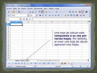 Una hoja de cálculo está  compuesta a su vez por varias hojas . Por defecto, al crear una hoja de cáculo aparecen tres hojas.  
