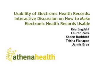 Usability of Electronic Health Records: Interactive Discussion on How to Make Electronic Health Records Usable 		Kris EngdahlLauren ZackKaden RushfordTrisha FlanaganJannis Brea 