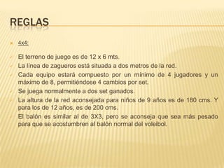 REGLAS
   4x4:

   El terreno de juego es de 12 x 6 mts.
   La línea de zagueros está situada a dos metros de la red.
   Cada equipo estará compuesto por un mínimo de 4 jugadores y un
    máximo de 8, permitiéndose 4 cambios por set.
   Se juega normalmente a dos set ganados.
   La altura de la red aconsejada para niños de 9 años es de 180 cms. Y
    para los de 12 años, es de 200 cms.
   El balón es similar al de 3X3, pero se aconseja que sea más pesado
    para que se acostumbren al balón normal del voleibol.
 