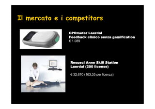 Il mercato e i competitors

               CPRmeter Laerdal
               Feedback clinico senza gamification
                1.089




                Resusci Anne Skill Station
                Laerdal (200 license)

                 32.670 (163,35 per licenza)
 