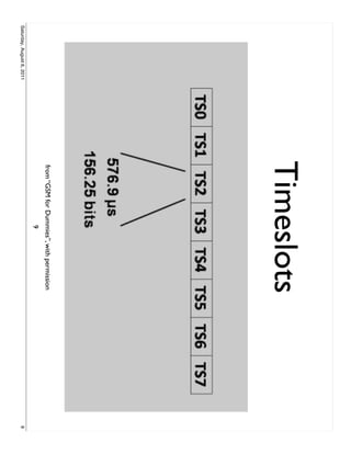 Timeslots
                           from “GSM for Dummies”, with permission
                                             9
Saturday, August 6, 2011                                             9
 