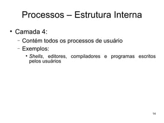 Processos – Estrutura Interna

    Camada 4:
    −   Contém todos os processos de usuário
    −   Exemplos:
         
             Shells, editores, compiladores e programas escritos
             pelos usuários




                                                              14
 