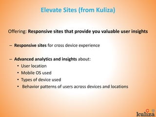 Offering: Responsive sites that provide you valuable user insights
– Responsive sites for cross device experience

– Advanced analytics and insights about:
• User location
• Mobile OS used
• Types of device used
• Behavior patterns of users across devices and locations

 