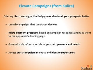 Offering: Run campaigns that help you understand your prospects better
– Launch campaigns that run across devices
– Micro-segment prospects based on campaign responses and take them
to the appropriate landing page
– Gain valuable information about prospect persona and needs
– Access cross campaign analytics and identify super-users

 