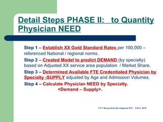 Detail Steps PHASE II:  to Quantity Physician NEED   Step 1 –  Establish XX Gold Standard Rates  per 100,000 – referenced National / regional norms. Step 2 –  Created Model to predict DEMAND  (by specialty)  based on Adjusted XX service area population  / Market Share. Step 3 –  Determined Available FTE Credentialed Physician by Specialty -SUPPLY   adjusted by Age and Admission Volumes. Step 4 –  Calculate Physician NEED by Specialty.  <Demand – Supply> . VVV Research & Development INC.  Feb 5, 2010 