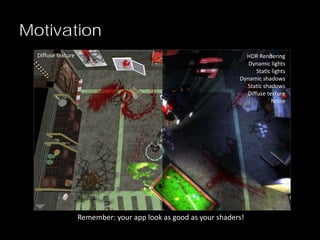 Motivation
HDR Rendering
Dynamic lights
Static lights
Dynamic shadows
Static shadows
Diffuse texture
Noise
Diffuse texture
Remember: your app look as good as your shaders!
 