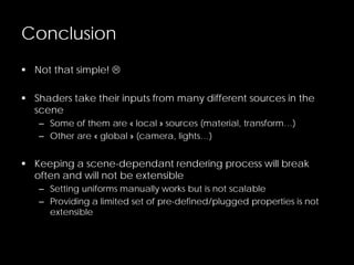 Conclusion
 Not that simple! 
 Shaders take their inputs from many different sources in the
scene
– Some of them are « local » sources (material, transform…)
– Other are « global » (camera, lights…)
 Keeping a scene-dependant rendering process will break
often and will not be extensible
– Setting uniforms manually works but is not scalable
– Providing a limited set of pre-defined/plugged properties is not
extensible
 