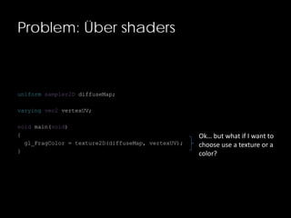 Problem: Über shaders
uniform sampler2D diffuseMap;
varying vec2 vertexUV;
void main(void)
{
gl_FragColor = texture2D(diffuseMap, vertexUV);
}
Ok… but what if I want to
choose use a texture or a
color?
 
