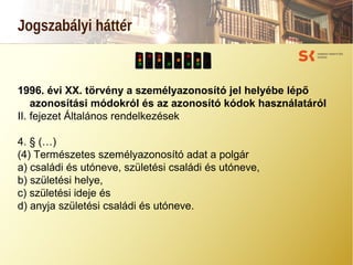 Jogszabályi háttér
1996. évi XX. törvény a személyazonosító jel helyébe lépő
azonosítási módokról és az azonosító kódok használatáról
II. fejezet Általános rendelkezések
4. § (…)
(4) Természetes személyazonosító adat a polgár
a) családi és utóneve, születési családi és utóneve,
b) születési helye,
c) születési ideje és
d) anyja születési családi és utóneve.
 