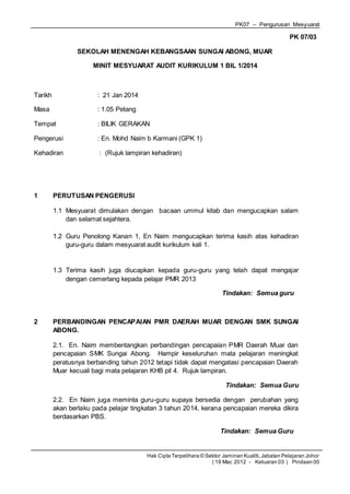PK07 – Pengurusan Mesyuarat
Hak Cipta Terpelihara © Sektor Jaminan Kualiti,Jabatan Pelajaran Johor
| 19 Mac 2012 - Keluaran 03 | Pindaan 00
PK 07/03
SEKOLAH MENENGAH KEBANGSAAN SUNGAI ABONG, MUAR
MINIT MESYUARAT AUDIT KURIKULUM 1 BIL 1/2014
Tarikh : 21 Jan 2014
Masa : 1.05 Petang
Tempat : BILIK GERAKAN
Pengerusi : En. Mohd Naim b Karmani (GPK 1)
Kehadiran : (Rujuk lampiran kehadiran)
1 PERUTUSAN PENGERUSI
1.1 Mesyuarat dimulakan dengan bacaan ummul kitab dan mengucapkan salam
dan selamat sejahtera.
1.2 Guru Penolong Kanan 1, En Naim mengucapkan terima kasih atas kehadiran
guru-guru dalam mesyuarat audit kurikulum kali 1.
1.3 Terima kasih juga diucapkan kepada guru-guru yang telah dapat mengajar
dengan cemerlang kepada pelajar PMR 2013
Tindakan: Semua guru
2 PERBANDINGAN PENCAPAIAN PMR DAERAH MUAR DENGAN SMK SUNGAI
ABONG.
2.1. En. Naim membentangkan perbandingan pencapaian PMR Daerah Muar dan
pencapaian SMK Sungai Abong. Hampir keseluruhan mata pelajaran meningkat
peratusnya berbanding tahun 2012 tetapi tidak dapat mengatasi pencapaian Daerah
Muar kecuali bagi mata pelajaran KHB pil 4. Rujuk lampiran.
Tindakan: Semua Guru
2.2. En Naim juga meminta guru-guru supaya bersedia dengan perubahan yang
akan berlaku pada pelajar tingkatan 3 tahun 2014, kerana pencapaian mereka dikira
berdasarkan PBS.
Tindakan: Semua Guru
 