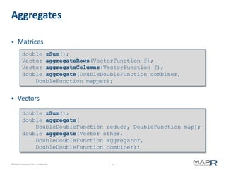 14©MapR Technologies 2013- Confidential
Aggregates
 Matrices
 Vectors
double zSum();
double aggregate(
DoubleDoubleFunction reduce, DoubleFunction map);
double aggregate(Vector other,
DoubleDoubleFunction aggregator,
DoubleDoubleFunction combiner);
double zSum();
Vector aggregateRows(VectorFunction f);
Vector aggregateColumns(VectorFunction f);
double aggregate(DoubleDoubleFunction combiner,
DoubleFunction mapper);
 