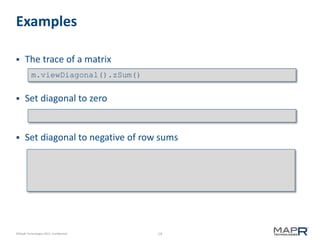 19©MapR Technologies 2013- Confidential
Examples
 The trace of a matrix
 Set diagonal to zero
 Set diagonal to negative of row sums
m.viewDiagonal().zSum()
 