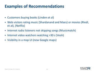 29©MapR Technologies 2013- Confidential
Examples of Recommendations
 Customers buying books (Linden et al)
 Web visitors rating music (Shardanand and Maes) or movies (Riedl,
et al), (Netflix)
 Internet radio listeners not skipping songs (Musicmatch)
 Internet video watchers watching >30 s (Veoh)
 Visibility in a map UI (new Google maps)
 