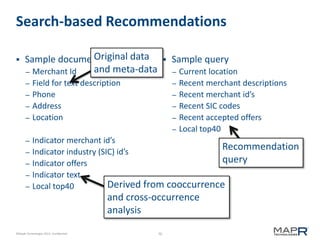 70©MapR Technologies 2013- Confidential
Search-based Recommendations
 Sample document
– Merchant Id
– Field for text description
– Phone
– Address
– Location
– Indicator merchant id’s
– Indicator industry (SIC) id’s
– Indicator offers
– Indicator text
– Local top40
 Sample query
– Current location
– Recent merchant descriptions
– Recent merchant id’s
– Recent SIC codes
– Recent accepted offers
– Local top40
Original data
and meta-data
Derived from cooccurrence
and cross-occurrence
analysis
Recommendation
query
 