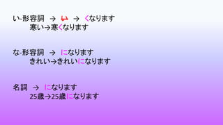 い-形容詞 → い → くなります
寒い→寒くなります
な-形容詞 → になります
きれい→きれいになります
名詞 → になります
25歳→25歳になります
 