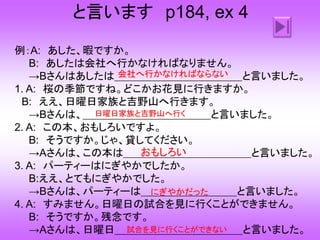 と言います p184, ex 4
例：A: あした、暇ですか。
B: あしたは会社へ行かなければなりません。
→Bさんはあしたは＿＿＿＿＿＿＿＿＿＿＿＿と言いました。
1. A: 桜の季節ですね。どこかお花見に行きますか。
B: ええ、日曜日家族と吉野山へ行きます。
→Bさんは、＿＿＿＿＿＿＿＿＿＿＿＿と言いました。
2. A: この本、おもしろいですよ。
B: そうですか。じゃ、貸してください。
→Aさんは、この本は＿＿＿＿＿＿＿＿＿＿＿＿と言いました。
3. A: パーティーはにぎやかでしたか。
B:ええ、とてもにぎやかでした。
→Bさんは、パーティーは＿＿＿＿＿＿＿＿＿と言いました。
4. A: すみません。日曜日の試合を見に行くことができません。
B: そうですか。残念です。
→Aさんは、日曜日＿＿＿＿＿＿＿＿＿＿＿＿と言いました。
会社へ行かなければならない
日曜日家族と吉野山へ行く
おもしろい
にぎやかだった
試合を見に行くことができない
 