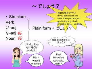 ～でしょう？
• Structure
Verb
い-adj
な-adj
Noun 北海道は寒かった
でしょう？
Plain form + でしょう？
いいえ、そん
なに寒くな
かったよ。
だ
だ
発音に気をつけて!
If you don’t raise the
tone, then you are just
predicting e.g. it will
probably be…. See L32
I bet
Hokkaido
was cold,
right?
No, it
wasn’t
that cold
 