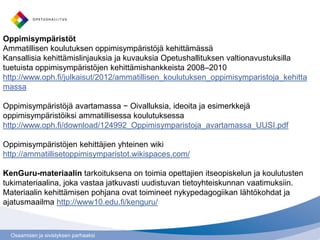 Osaamisen ja sivistyksen parhaaksi
Oppimisympäristöt
Ammatillisen koulutuksen oppimisympäristöjä kehittämässä
Kansallisia kehittämislinjauksia ja kuvauksia Opetushallituksen valtionavustuksilla
tuetuista oppimisympäristöjen kehittämishankkeista 2008–2010
http://www.oph.fi/julkaisut/2012/ammatillisen_koulutuksen_oppimisymparistoja_kehitta
massa
Oppimisympäristöjä avartamassa − Oivalluksia, ideoita ja esimerkkejä
oppimisympäristöiksi ammatillisessa koulutuksessa
http://www.oph.fi/download/124992_Oppimisymparistoja_avartamassa_UUSI.pdf
Oppimisympäristöjen kehittäjien yhteinen wiki
http://ammatillisetoppimisymparistot.wikispaces.com/
KenGuru-materiaalin tarkoituksena on toimia opettajien itseopiskelun ja koulutusten
tukimateriaalina, joka vastaa jatkuvasti uudistuvan tietoyhteiskunnan vaatimuksiin.
Materiaalin kehittämisen pohjana ovat toimineet nykypedagogiikan lähtökohdat ja
ajatusmaailma http://www10.edu.fi/kenguru/
 