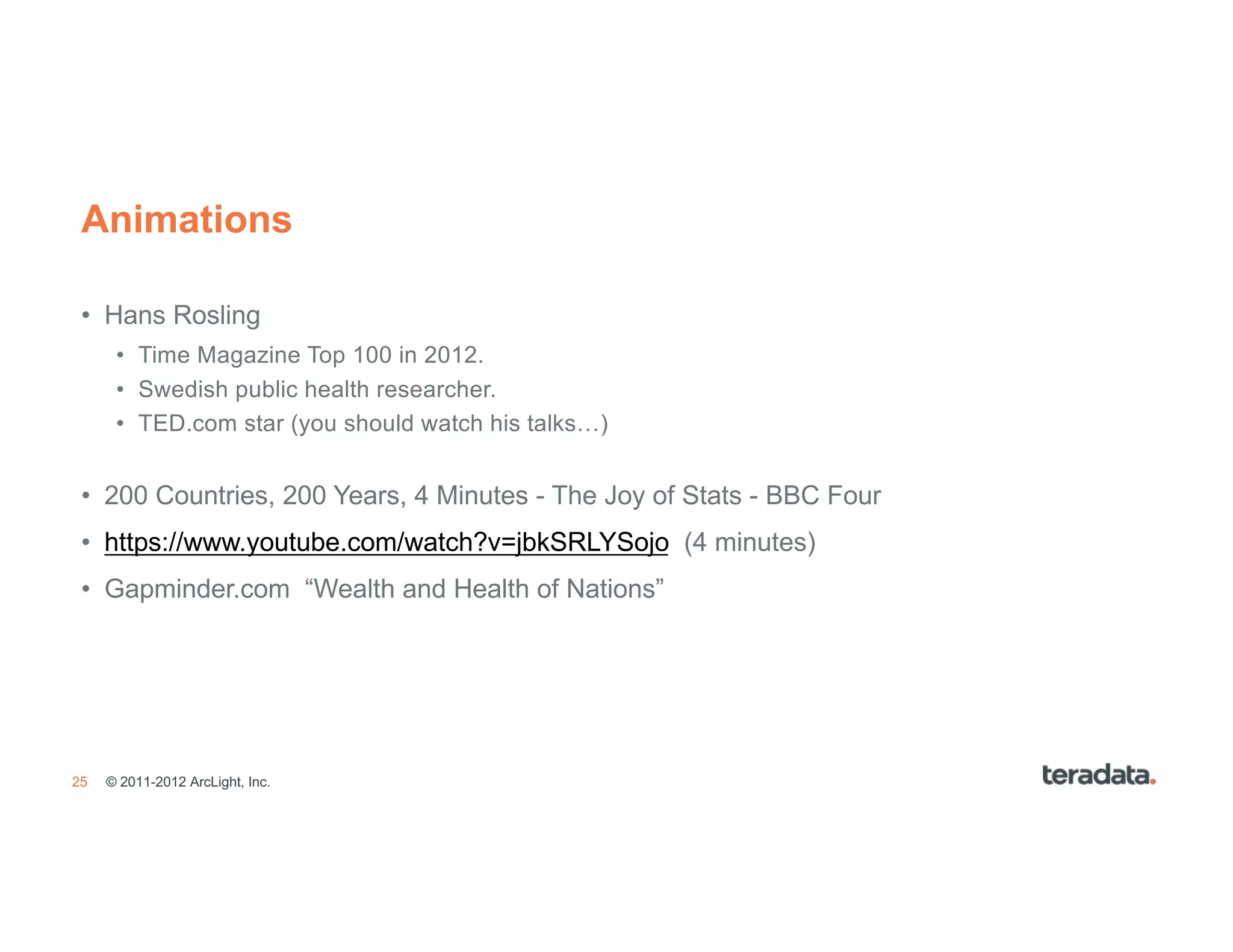 25
Animations
• Hans Rosling
• Time Magazine Top 100 in 2012.
• Swedish public health researcher.
• TED.com star (you should watch his talks…)
• 200 Countries, 200 Years, 4 Minutes - The Joy of Stats - BBC Four
• https://www.youtube.com/watch?v=jbkSRLYSojo (4 minutes)
• Gapminder.com “Wealth and Health of Nations”
© 2011-2012 ArcLight, Inc.
 